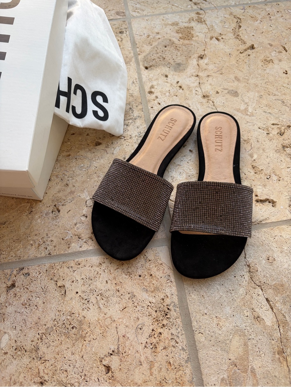 SCHUTZ Black suede Slides with Sparkle Strap